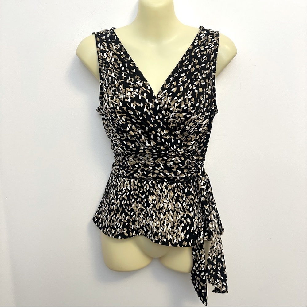 Covington Black and Cream Sleeveless Faux Wrap Blouse